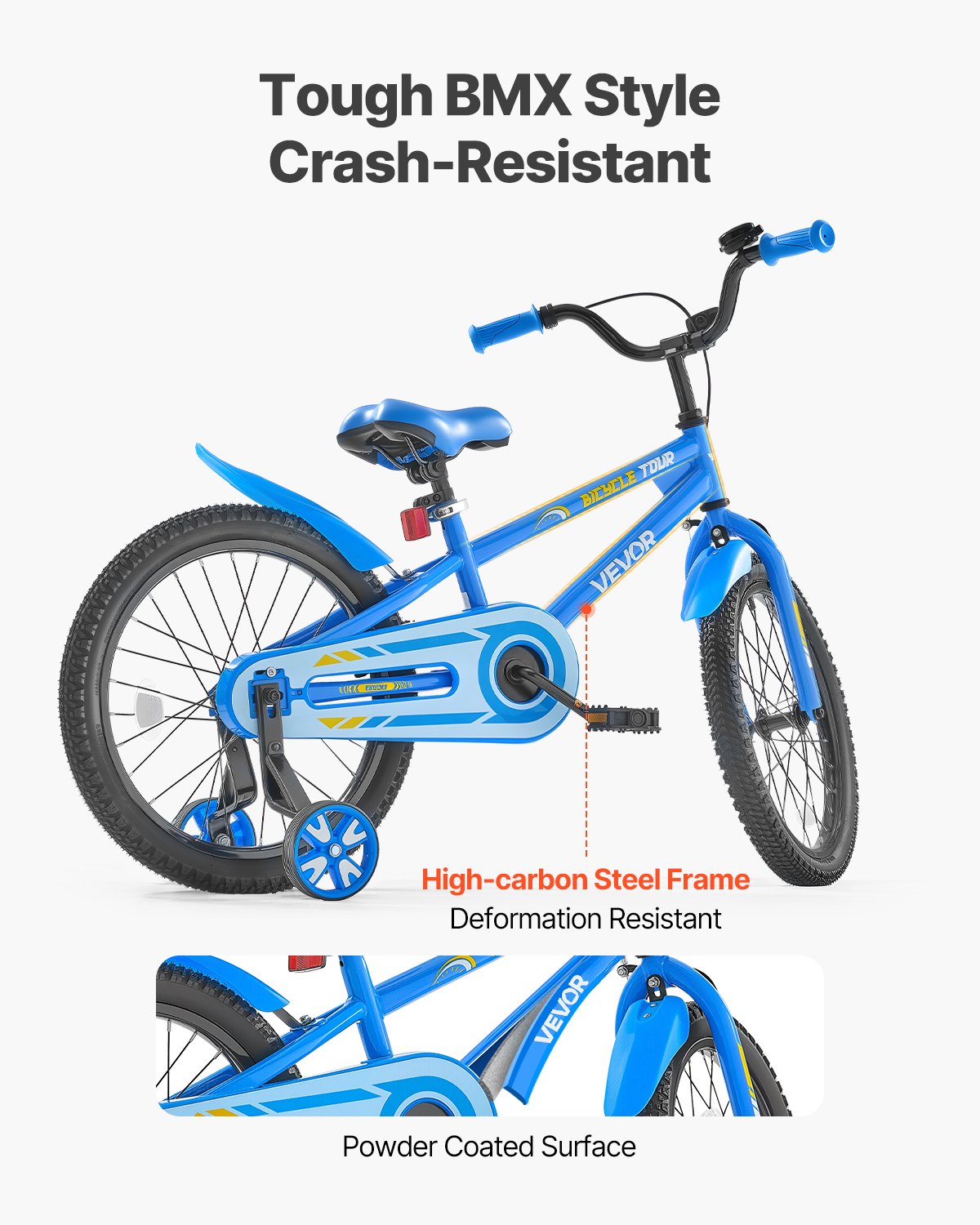 VEVOR kinderfiets, 18-inch BMX-fiets met zijwieltjes, aanbevolen lengte kind 110-140 cm, stevig en eenvoudig te monteren, peuterfiets voor jongens en meisjes om te leren fietsen, blauw