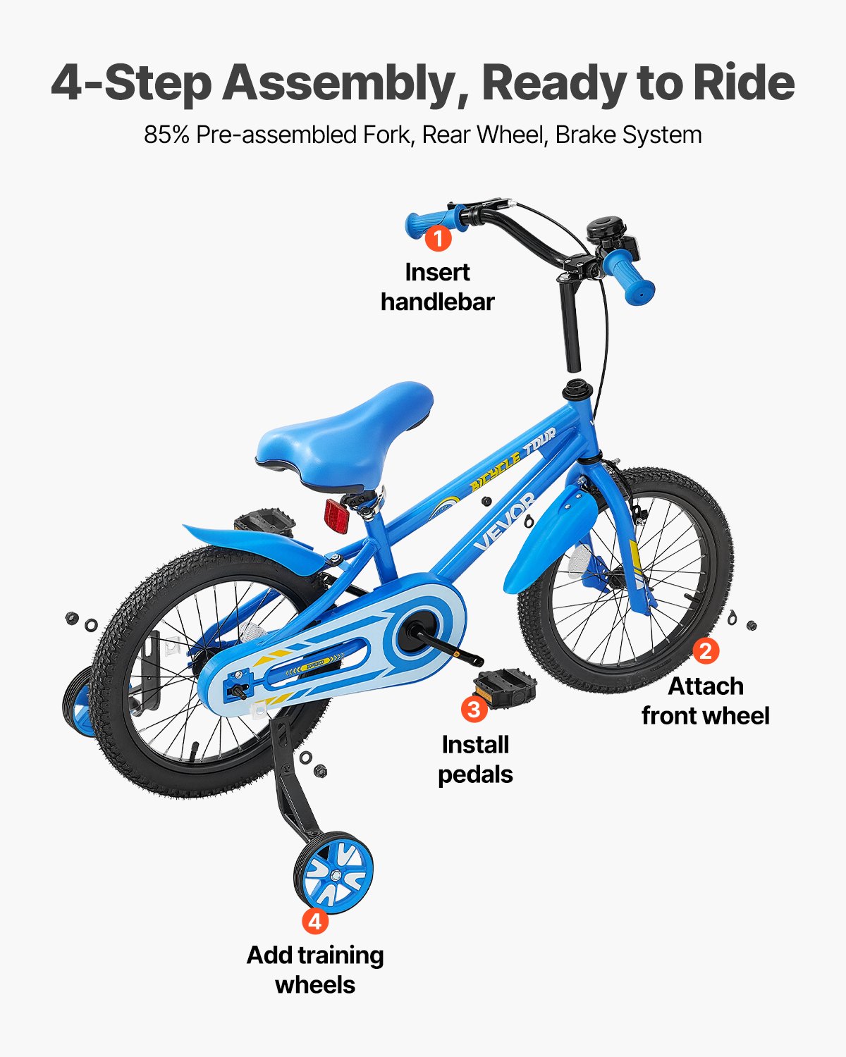 VEVOR kinderfiets, 18-inch BMX-fiets met zijwieltjes, aanbevolen lengte kind 110-140 cm, stevig en eenvoudig te monteren, peuterfiets voor jongens en meisjes om te leren fietsen, blauw