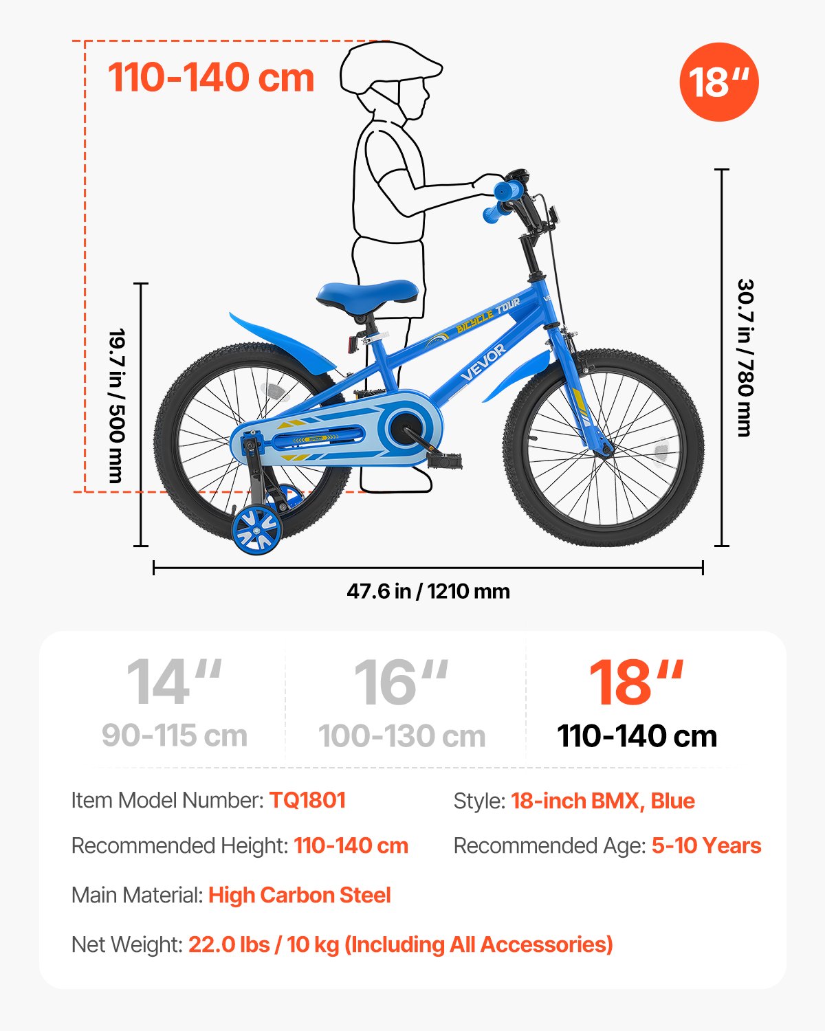 VEVOR kinderfiets, 18-inch BMX-fiets met zijwieltjes, aanbevolen lengte kind 110-140 cm, stevig en eenvoudig te monteren, peuterfiets voor jongens en meisjes om te leren fietsen, blauw