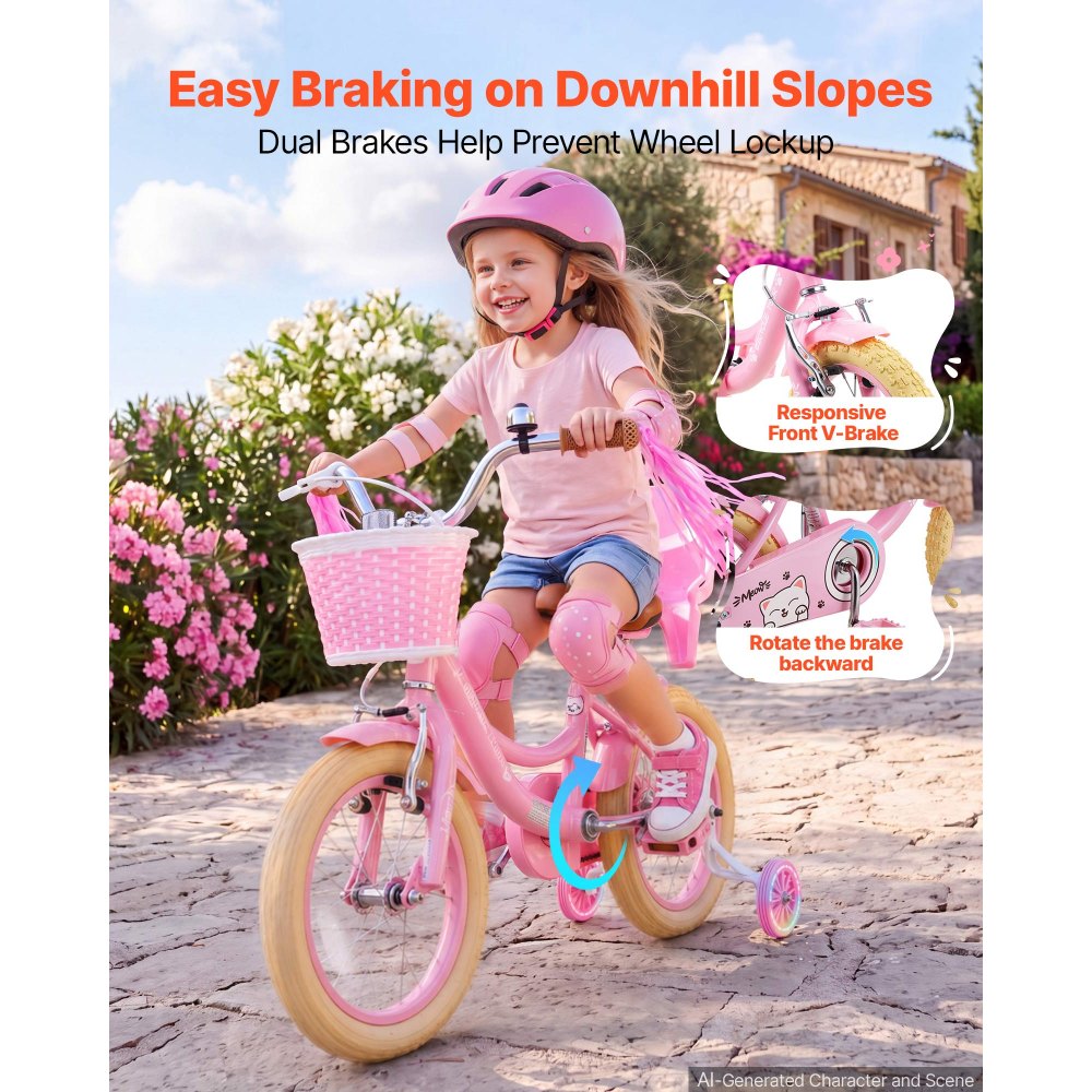 VEVOR Kinderfiets voor 3-5 jaar, 35,5 cm racefiets met zijwieltjes, roze, meisjesfiets, frame van koolstofstaal, dubbele remmen, verstelbaar zadel, met poppenzitje en mandje, prinsessenstijl