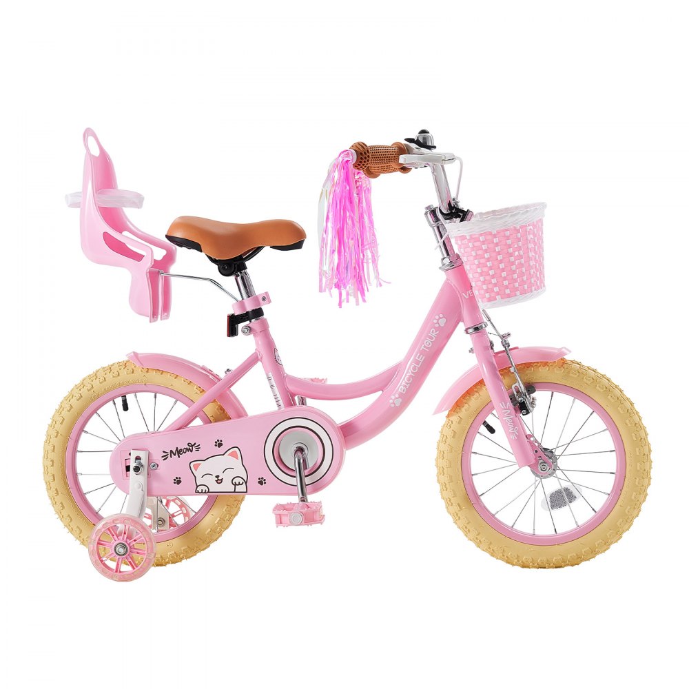 VEVOR Kinderfiets voor 3-5 jaar, 35,5 cm racefiets met zijwieltjes, roze, meisjesfiets, frame van koolstofstaal, dubbele remmen, verstelbaar zadel, met poppenzitje en mandje, prinsessenstijl