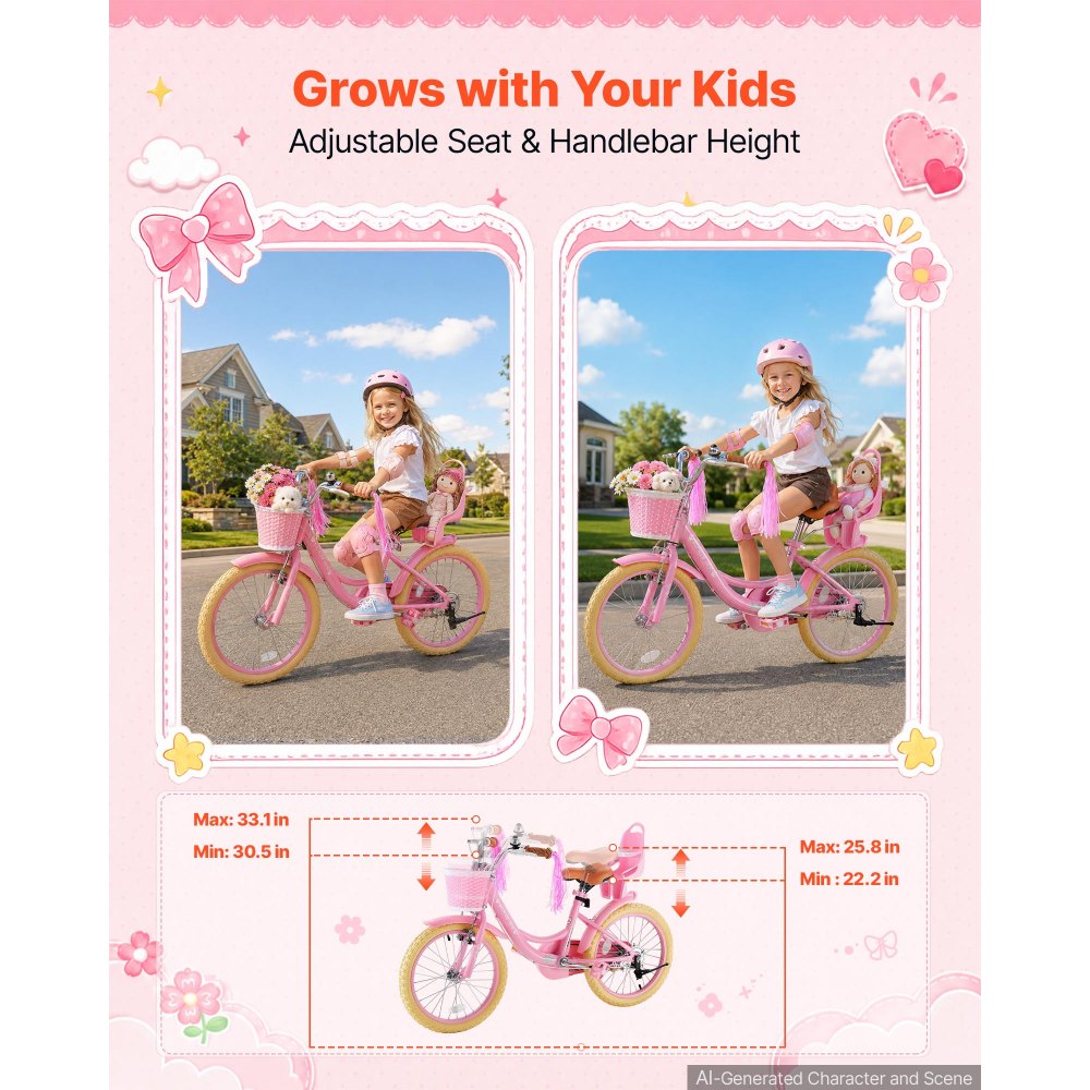 VEVOR Kids Bike, 18 Inch Children Bicycle, Kickstand Princess Style Pink, for Girls Ages 5-8, Adjustable Seat, Front Brake and Rear Drum Brake, Front Basket, Doll Seat, High-Carbon Steel Frame