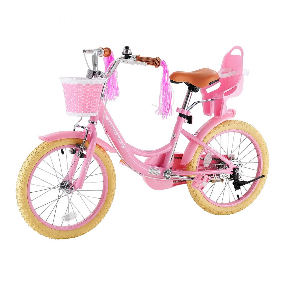 VEVOR Kids Bike, 18 Inch Children Bicycle, Kickstand Princess Style Pink, for Girls Ages 5-8, Adjustable Seat, Front Brake and Rear Drum Brake, Front Basket, Doll Seat, High-Carbon Steel Frame