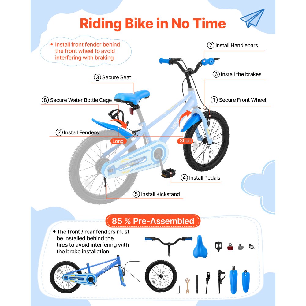 VEVOR Kids' 18-inch racefiets voor kinderen van 5-8 jaar met standaard, blauw, kinderfiets voor jongens en meisjes, frame van koolstofstaal, BMX-stijl, dubbele remmen, verstelbaar zadel en stuur, bidonhouder