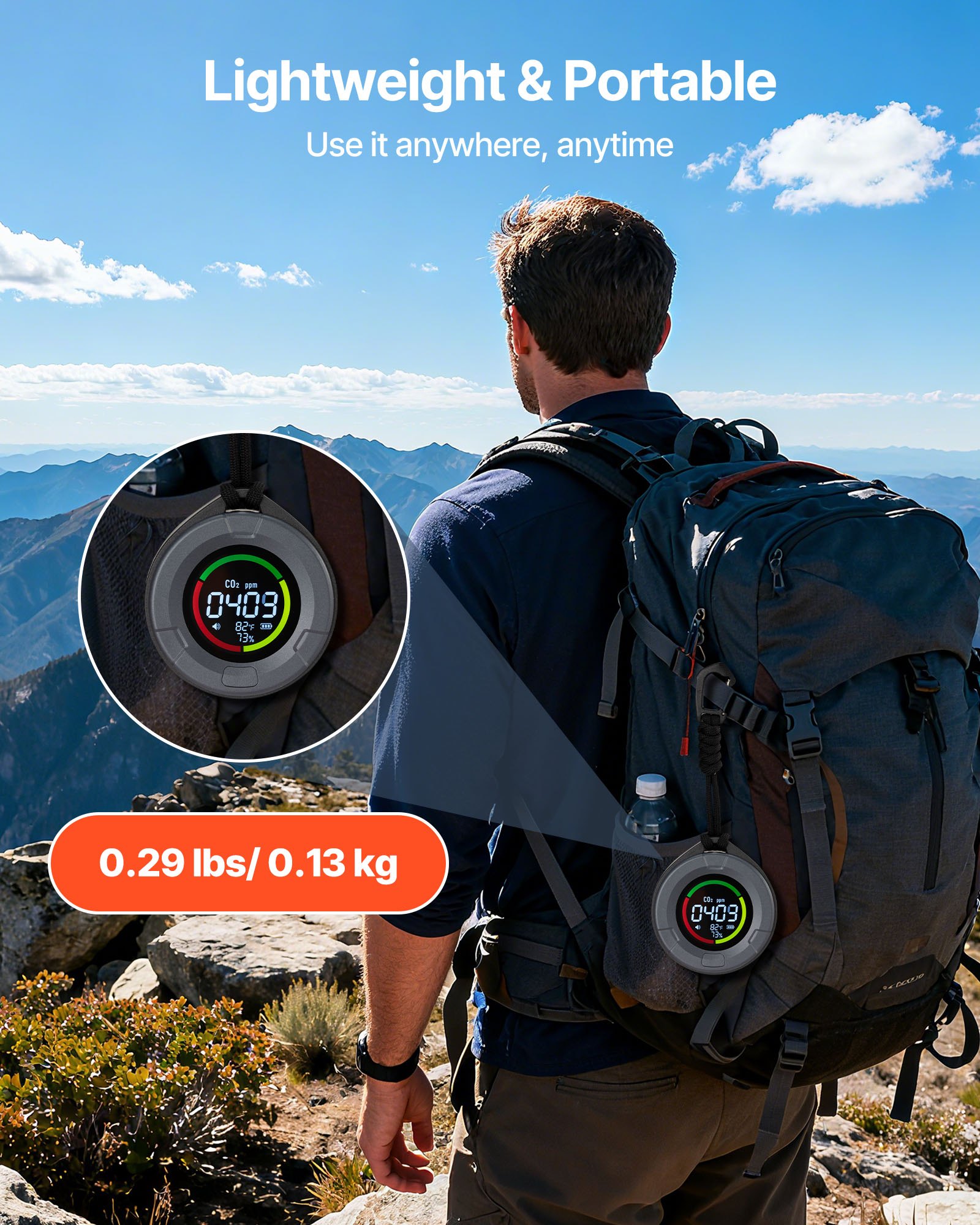 VEVOR Draagbare CO2-melder, mini-CO2-meter met temperatuur- en vochtigheidsweergave, 400-5000 ppm, luchtkwaliteitstester, NDIR-sensor, koolstofdioxidedetector, CO2-sensor voor thuis, kantoor en auto