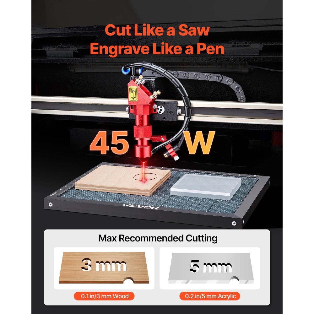 VEVOR 45W CO2 Laser Engraver, 12 x 8 in, Desktop CO2 Laser Engraver Cutter Machine with Rotary Axis, Air Assist, Engraving Machine Compatible with LightBurn CorelDRAW GRBL, for Wood Acrylic Glass