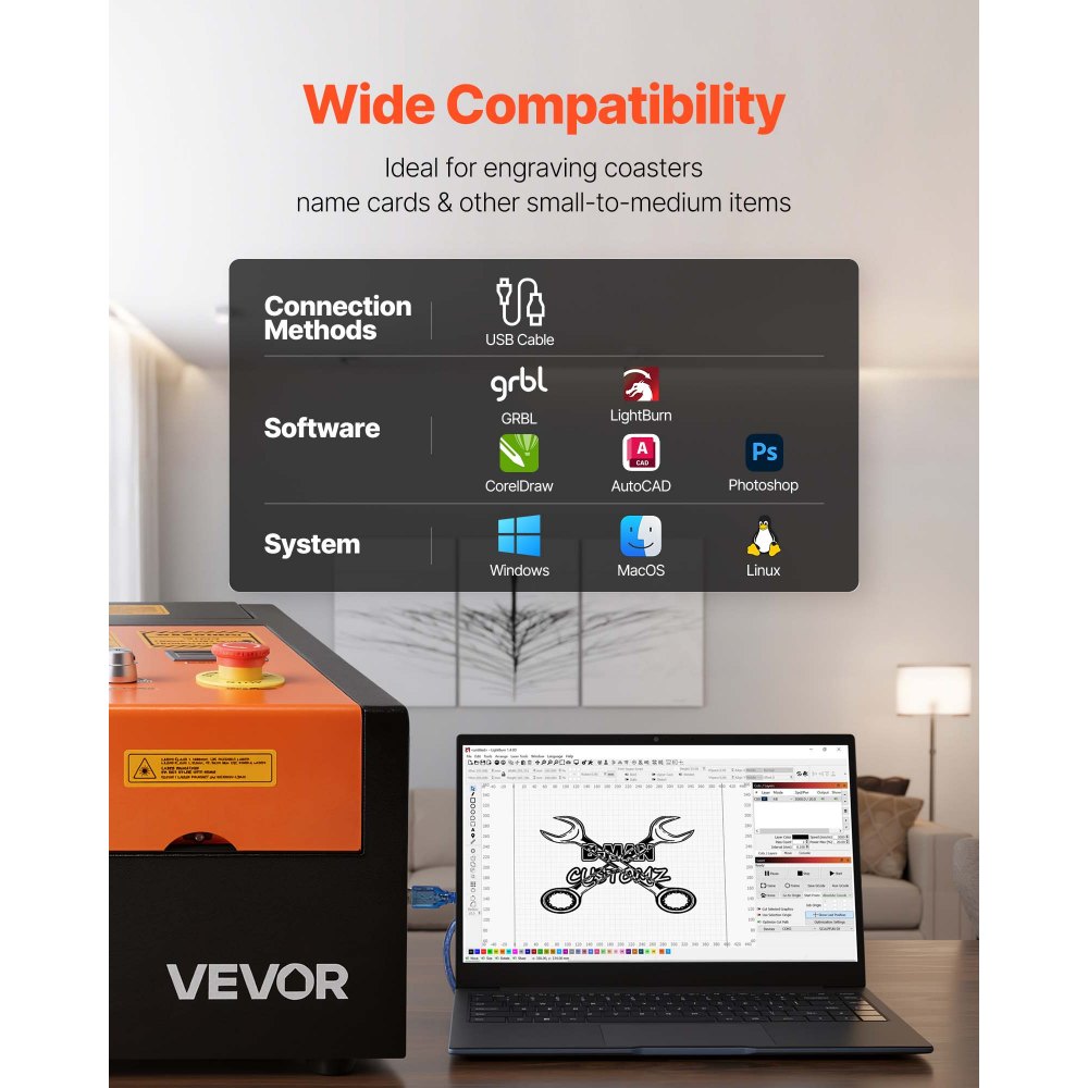 VEVOR CO2-lasergraveermachine 45W, 300x200 mm, tafelmodel CO2-lasergraveermachine met roterende as, luchtassistentie, compatibel met LightBurn, CorelDRAW en GRBL, voor hout, acryl en glas