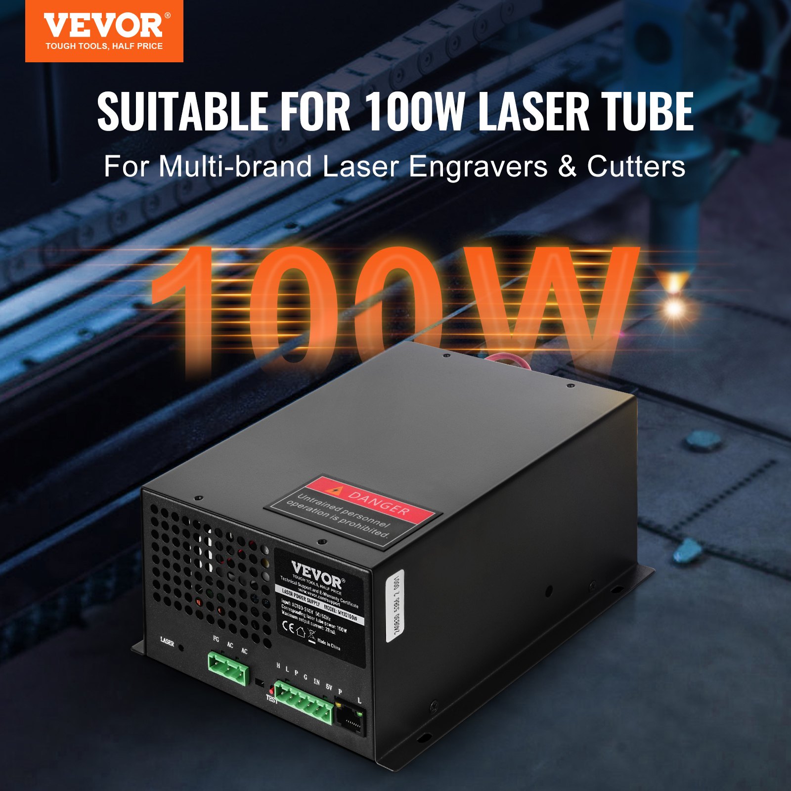 VEVOR 100W CO2-laservoeding, voeding voor 100W laserbuis, constante stroombeveiliging, open circuitbeveiliging, snelle warmteafvoer, compatibel met meerdere merken lasergraveerders en -snijders