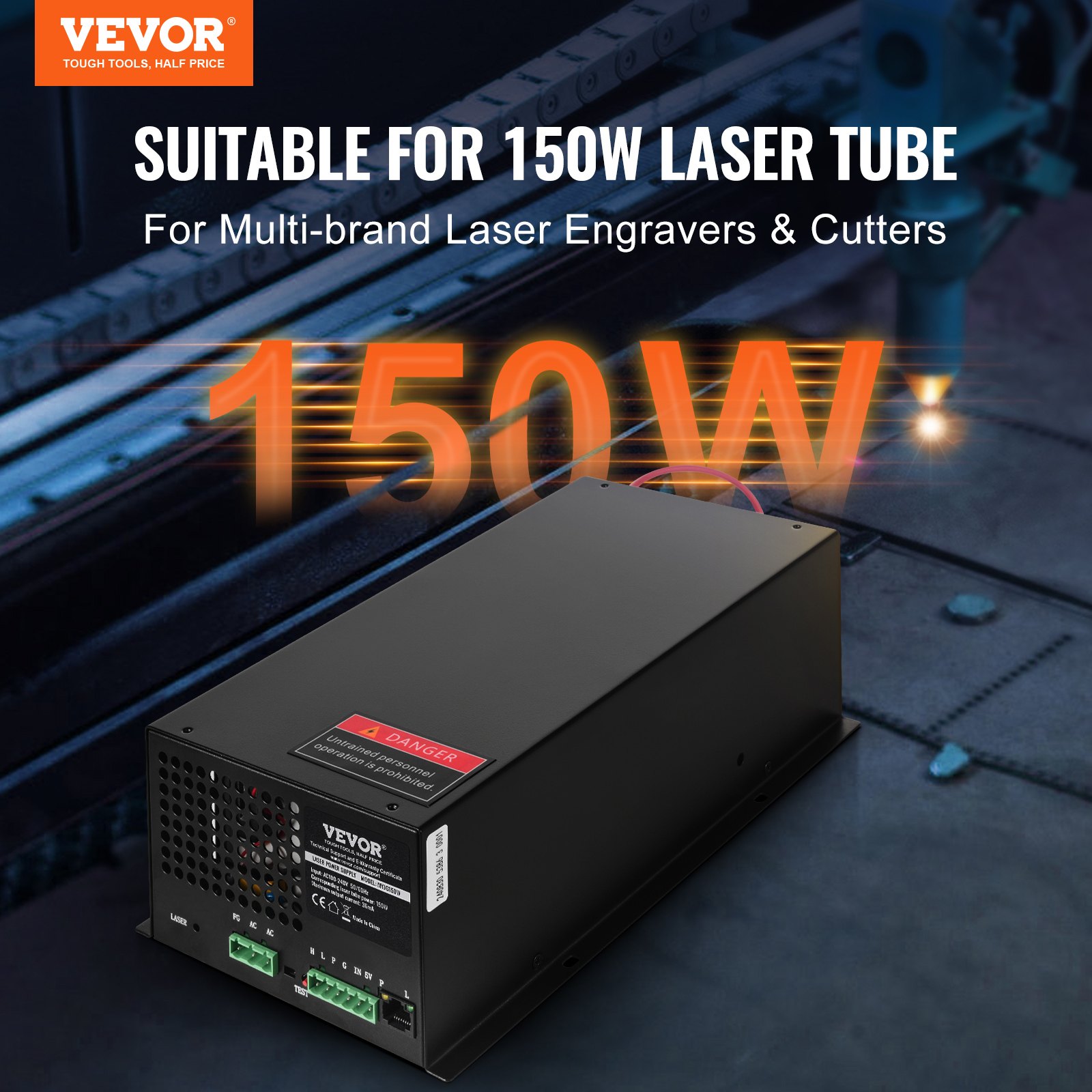 VEVOR CO2-laservoeding, 150W laserbuisvoeding, constante stroom en beveiliging tegen open circuits, snelle warmteafvoer, compatibel met lasergraveerders en -snijders