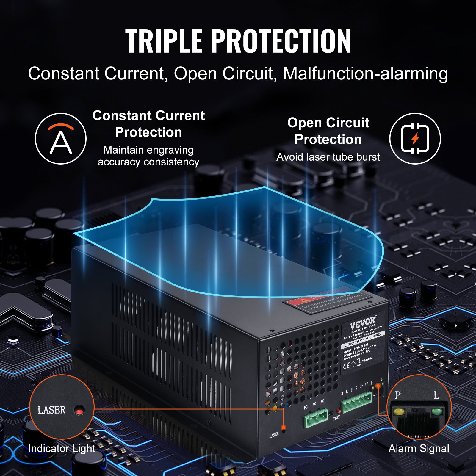 VEVOR CO2-laservoeding, 150W laserbuisvoeding, constante stroom en beveiliging tegen open circuits, snelle warmteafvoer, compatibel met lasergraveerders en -snijders