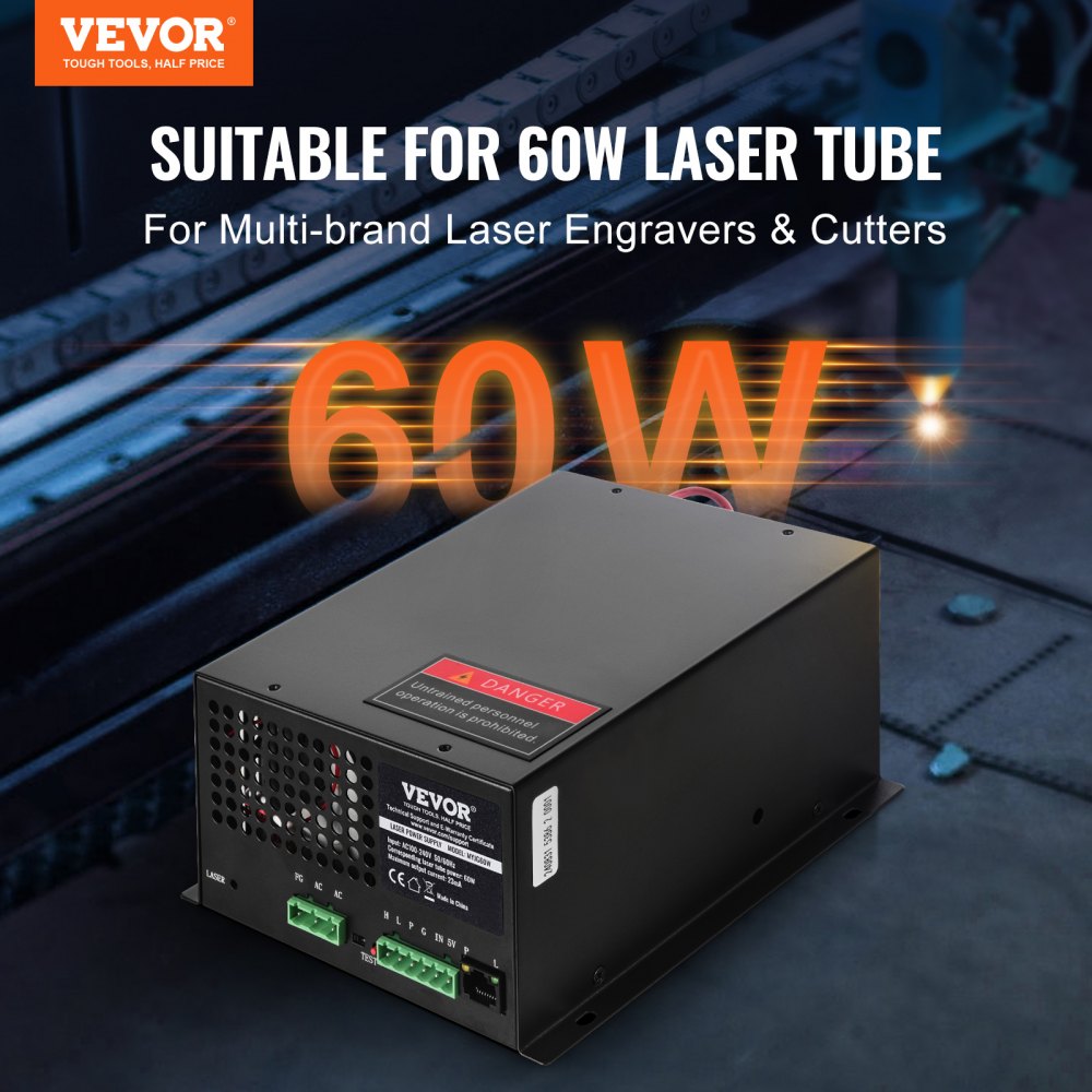 VEVOR 60W CO2-laservoeding, voeding voor 60W laserbuis, constante stroombeveiliging, open circuitbeveiliging, snelle warmteafvoer, compatibel met meerdere merken lasergraveerders en -snijders
