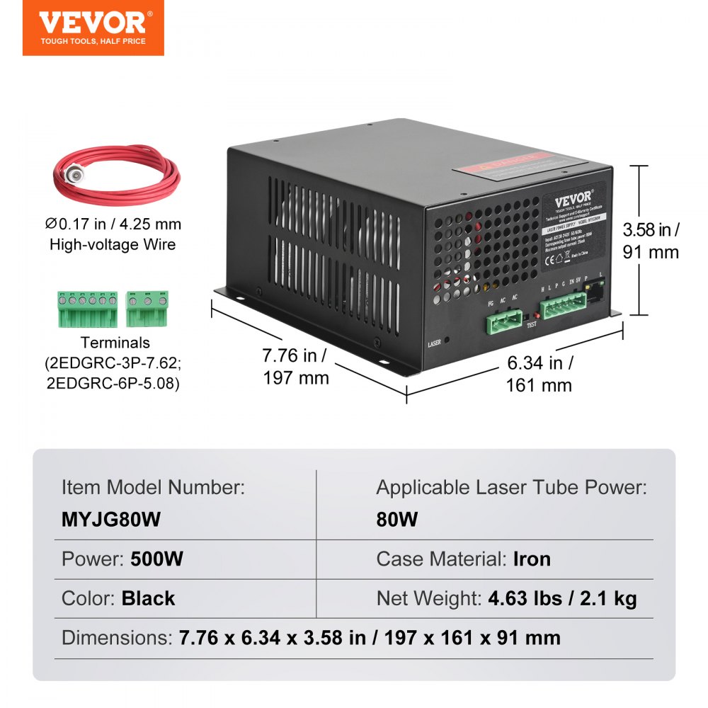 VEVOR CO2 Laser Power Supply, 80W, Power Supply for 80W Laser Tube, Constant Current Protection, Open Circuit Protection, Fast Heat Dissipation, Compatible for Multi-brand Laser Engravers & Cutters