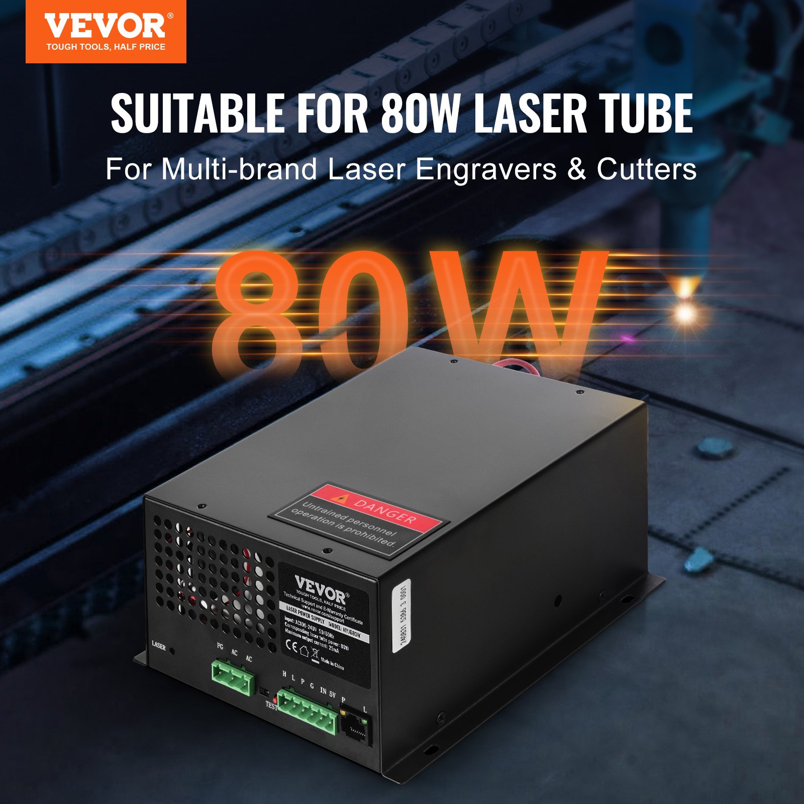 VEVOR CO2 Laser Power Supply, 80W, Power Supply for 80W Laser Tube, Constant Current Protection, Open Circuit Protection, Fast Heat Dissipation, Compatible for Multi-brand Laser Engravers & Cutters