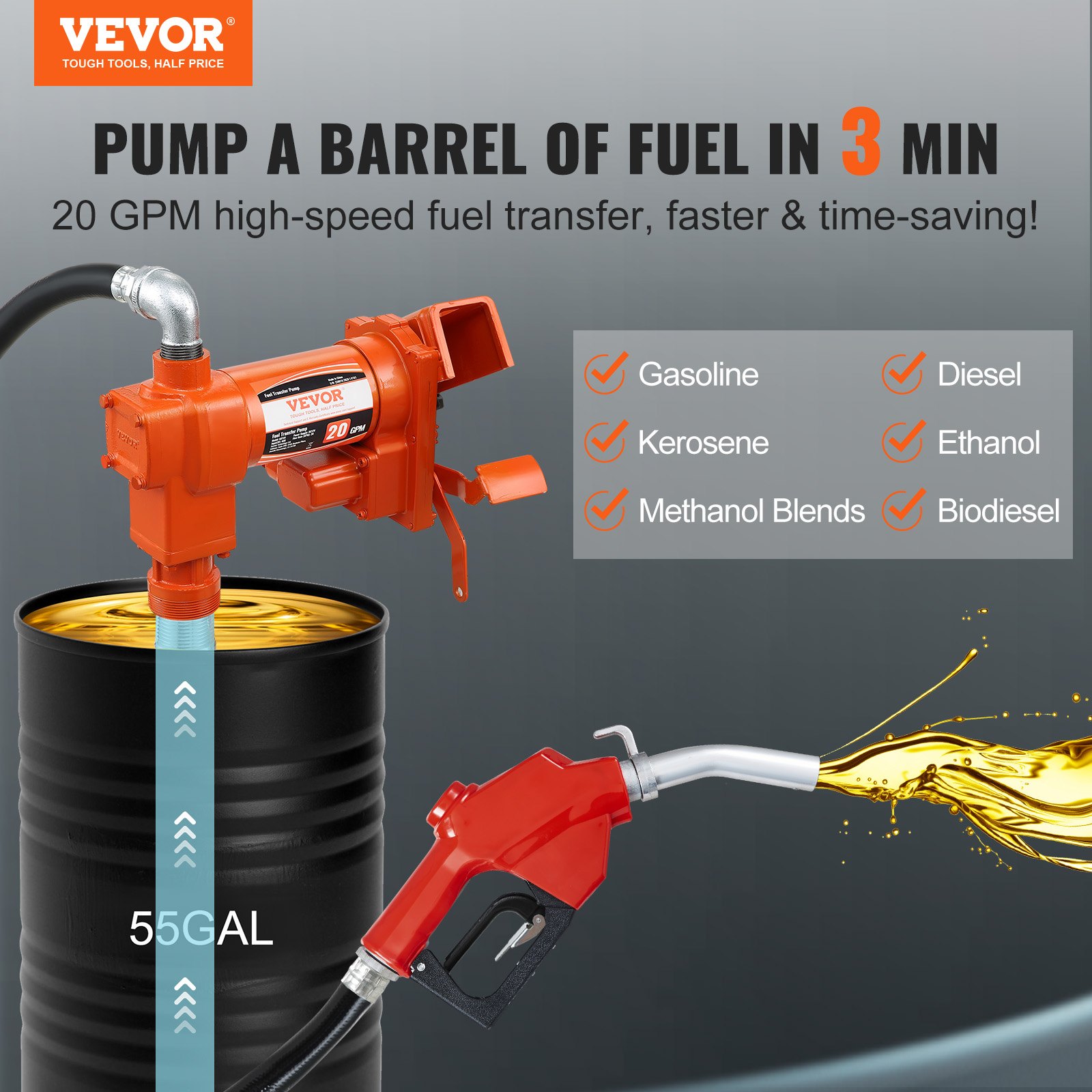 VEVOR brandstofpomp, 12 V DC, 20 GPM, 1/4 HP, dieselpomp met automatische sproeier, uitlaatslang en aanzuigleiding voor benzine, diesel, kerosine, ethanol- en methanolmengsels en biodiesel.