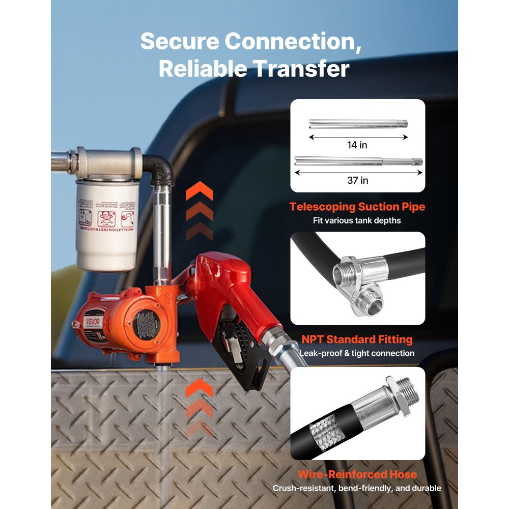 VEVOR brandstofpomp, 12 V DC, 37 L/min, dieselpompset, met automatische afslag, afgifteslang, oververhittingsbeveiliging, stroomkabel, explosieveilig, voor benzine, diesel en kerosine