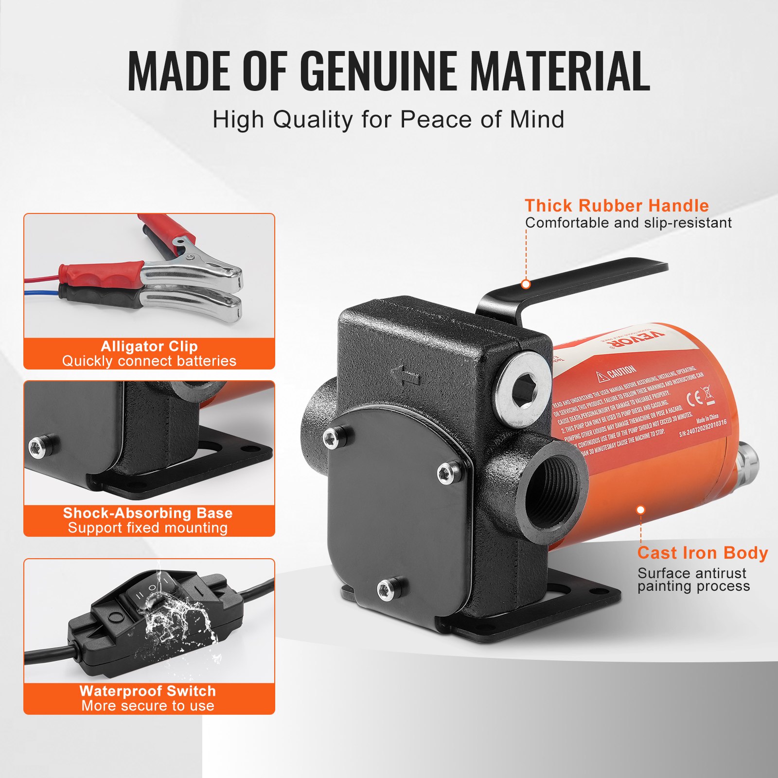 VEVOR Fuel Transfer Pump, 12V DC 5 GPM 1/10 HP, Portable Electric Diesel Transfer Pump with Auto Shut-Off Fuel Nozzle, Long Inlet & Outlet Hose for Gasoline Diesel, Kerosene, Methanol Blends