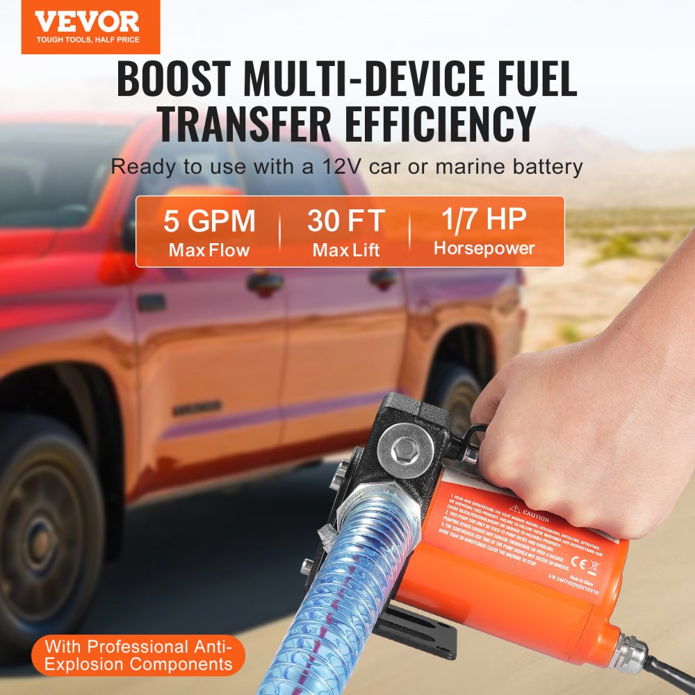 VEVOR Fuel Transfer Pump, 12V DC 5.3 GPM 1/10 HP, Portable Electric Diesel Transfer Pump with Auto Shut-Off Fuel Nozzle, Long Inlet & Outlet Hose for Gasoline, Diesel, Kerosene, Methanol Blends