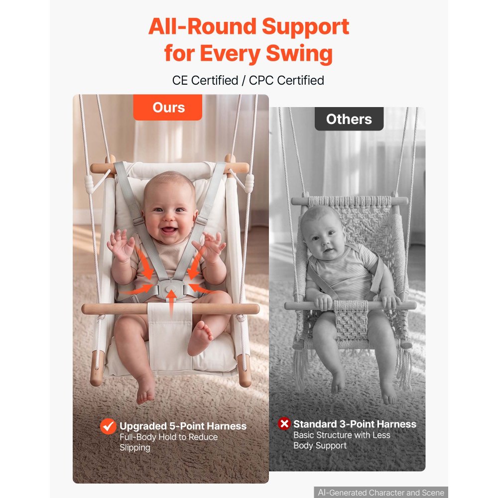 VEVOR Baby Swing 66 lbs Weight Capacity 3 Modes Canvas Hammock Swing White, for Indoor and Outdoor, 5-Point Harness and Tree Straps, Wooden Hanging Seat with Integrated Cushion for Baby to Toddler