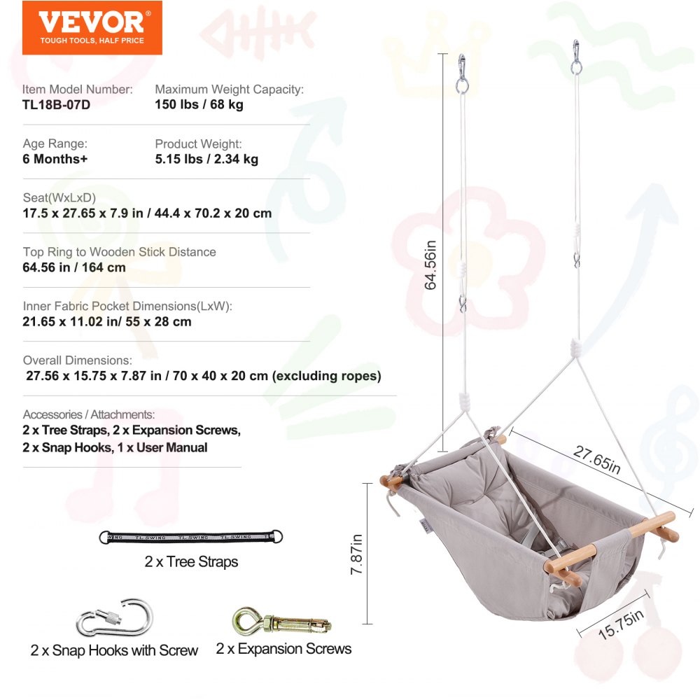 VEVOR Canvas Hangmat Schommel, Baby Schommel met 3 Standen voor Binnen en Buiten, met 5-puntsgordel en Boomriemen, Draagvermogen 68 kg, Ingebouwd Kussen, Houten Hangende Schommelzitje voor Baby's en Peuters