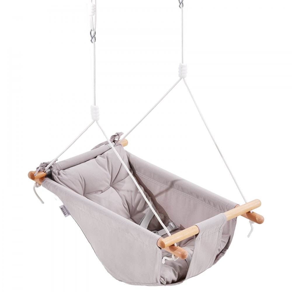 VEVOR Canvas Hangmat Schommel, Baby Schommel met 3 Standen voor Binnen en Buiten, met 5-puntsgordel en Boomriemen, Draagvermogen 68 kg, Ingebouwd Kussen, Houten Hangende Schommelzitje voor Baby's en Peuters