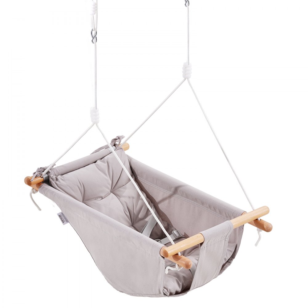 VEVOR Canvas Hangmat Schommel, Baby Schommel met 3 Standen voor Binnen en Buiten, met 5-puntsgordel en Boomriemen, Draagvermogen 68 kg, Ingebouwd Kussen, Houten Hangende Schommelzitje voor Baby's en Peuters
