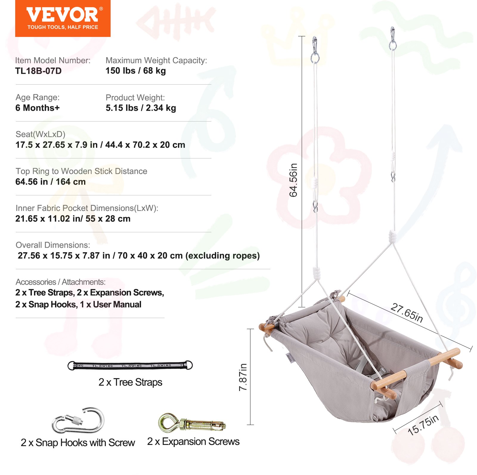 VEVOR Canvas Hangmat Schommel, Baby Schommel met 3 Standen voor Binnen en Buiten, met 5-puntsgordel en Boomriemen, Draagvermogen 68 kg, Ingebouwd Kussen, Houten Hangende Schommelzitje voor Baby's en Peuters