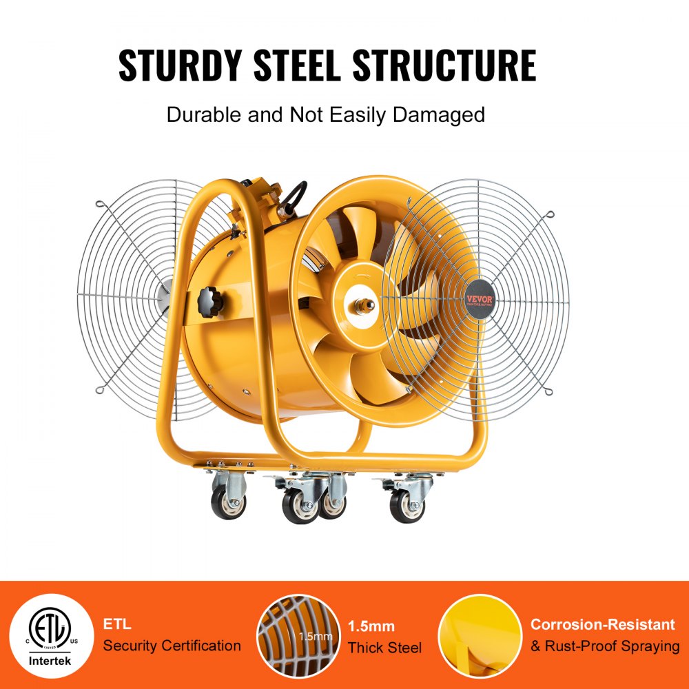 VEVOR Bouwventilator 1100W AC-motor Bouwventilator 2850 RPM Bouwventilator Ventilator 2001 L/s (4240 CFM) Axiale ventilator 5m netsnoer Axiale ventilator 79dB geluidsniveau Industriële ventilator IP44