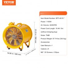 VEVOR bouwventilator 1100W AC-motor bouwventilator 2850 rpm bouwventilator blower 2001 L/s (4240 CFM) axiaalventilator 5 m voedingskabel axiaalventilator 79 dB geluidsniveau industriële ventilator IP44