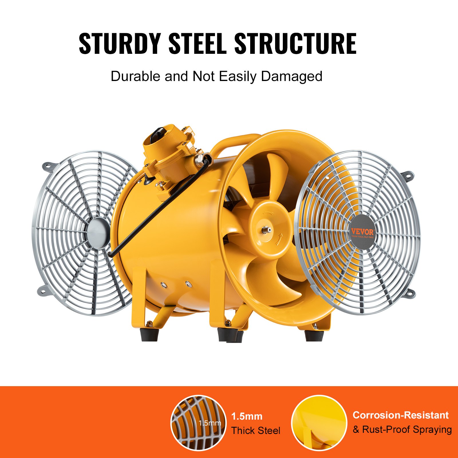 VEVOR Bouwventilator 550W AC-motor Bouwventilator 2850 RPM Bouwventilator Ventilator 1179 L/s (2500 CFM) Axiale ventilator 3m netsnoer Axiale ventilator 75dB geluidsniveau Industriële ventilator IP44