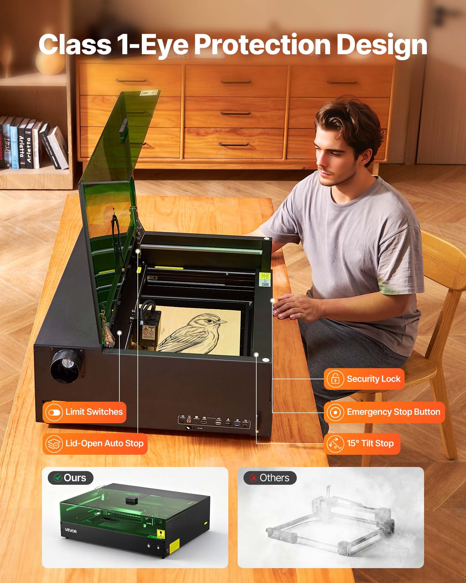 VEVOR Lasergraveermachine, 20 W, Lasergraveer- en snijmachine met geïntegreerde camera, Lasersnijder, 36.000 mm/min, Werkgebied 50 x 32 cm, voor Hout, Leer, Glas, Papier, Bepaalde Metalen, Klasse 1