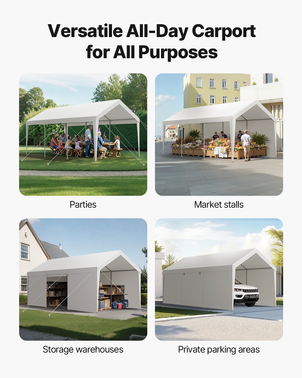 VEVOR Tent Garage, 3,05 x 6,09 x 2,87 m Autohoes, Carport met verwijderbare zijwanden en deur, Autooverkapping, UV-bestendig en waterafstotend, All-Season bescherming voor auto en boot, Wit