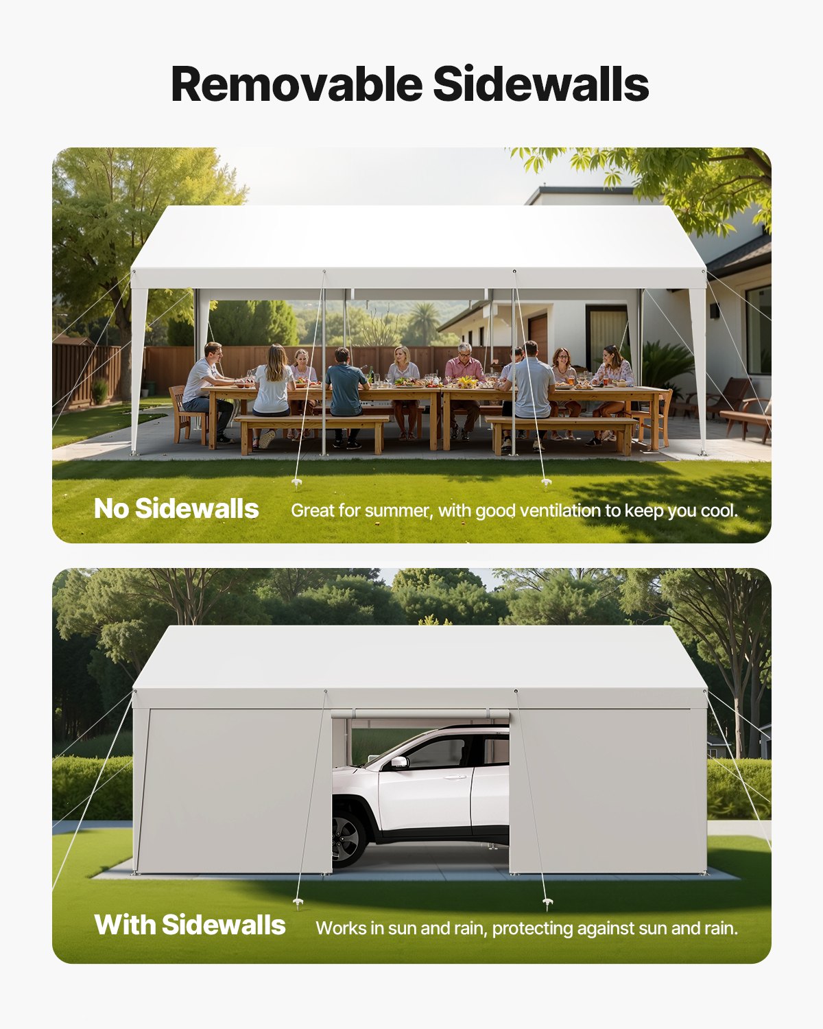 VEVOR Tent Garage, 3,05 x 6,09 x 2,87 m Autohoes, Carport met verwijderbare zijwanden en deur, Autooverkapping, UV-bestendig en waterafstotend, All-Season bescherming voor auto en boot, Wit