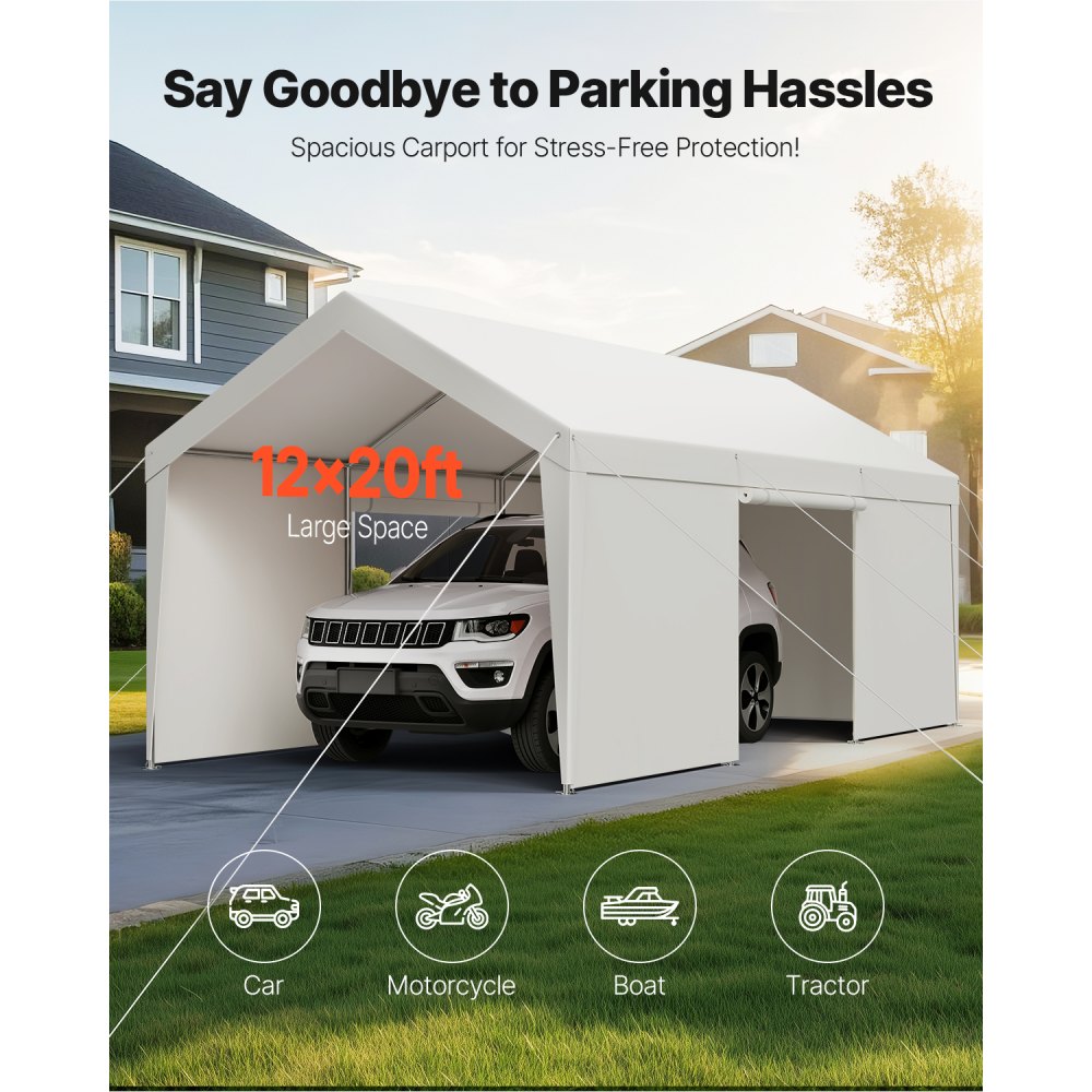 VEVOR Carport, 3,65 x 6,09 x 3,02 m Autohoes, Tentgarage met verwijderbare zijwanden en deur, Autooverkapping, UV-bestendig en waterafstotend, All-Season bescherming voor auto en boot, Wit
