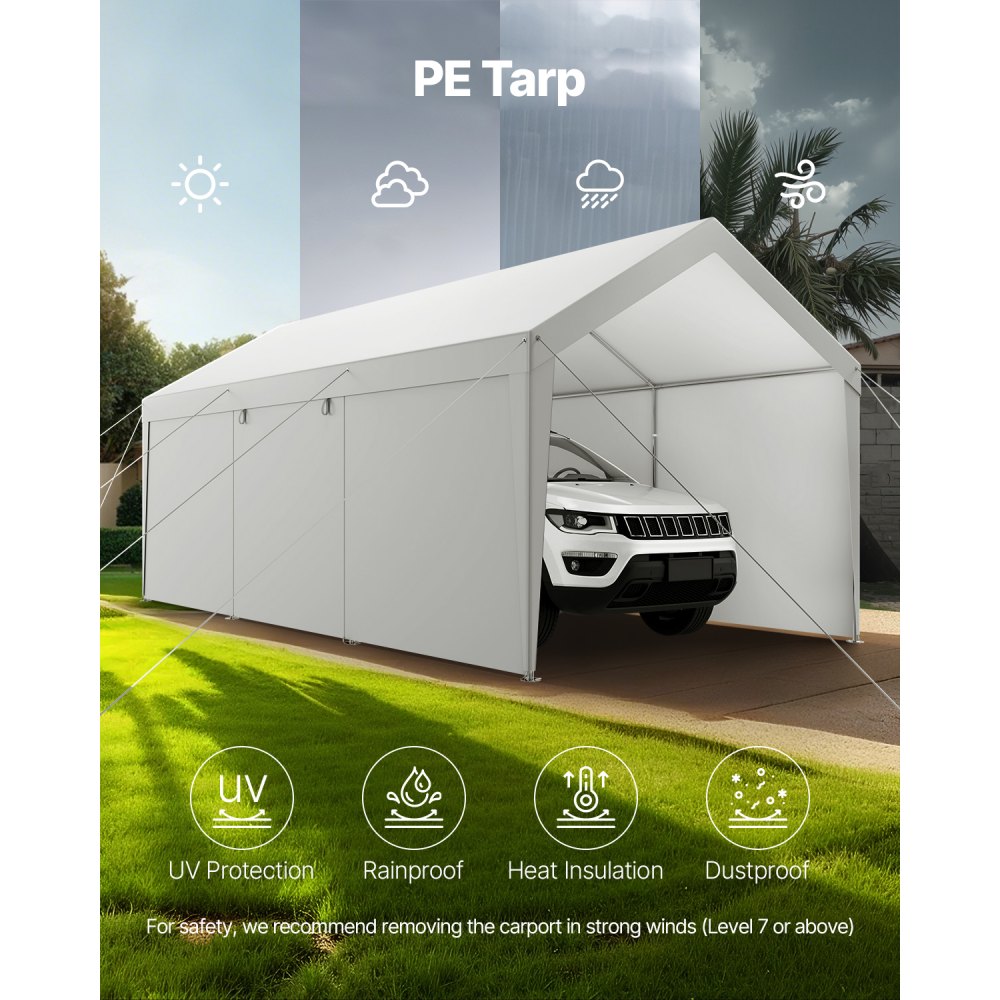 VEVOR Carport, 3,65 x 6,09 x 3,02 m Autohoes, Tentgarage met verwijderbare zijwanden en deur, Autooverkapping, UV-bestendig en waterafstotend, All-Season bescherming voor auto en boot, Wit