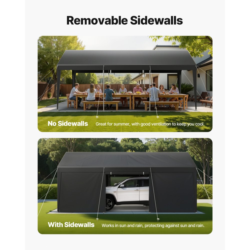 VEVOR Carport, 3,05 x 6,09 x 2,87 m Autohoes, Tentgarage met verwijderbare zijwanden en deur, Garagetent Autooverkapping, Autoluifel, UV-bestendig, All-Season Bescherming voor Auto & Boot, Grijs