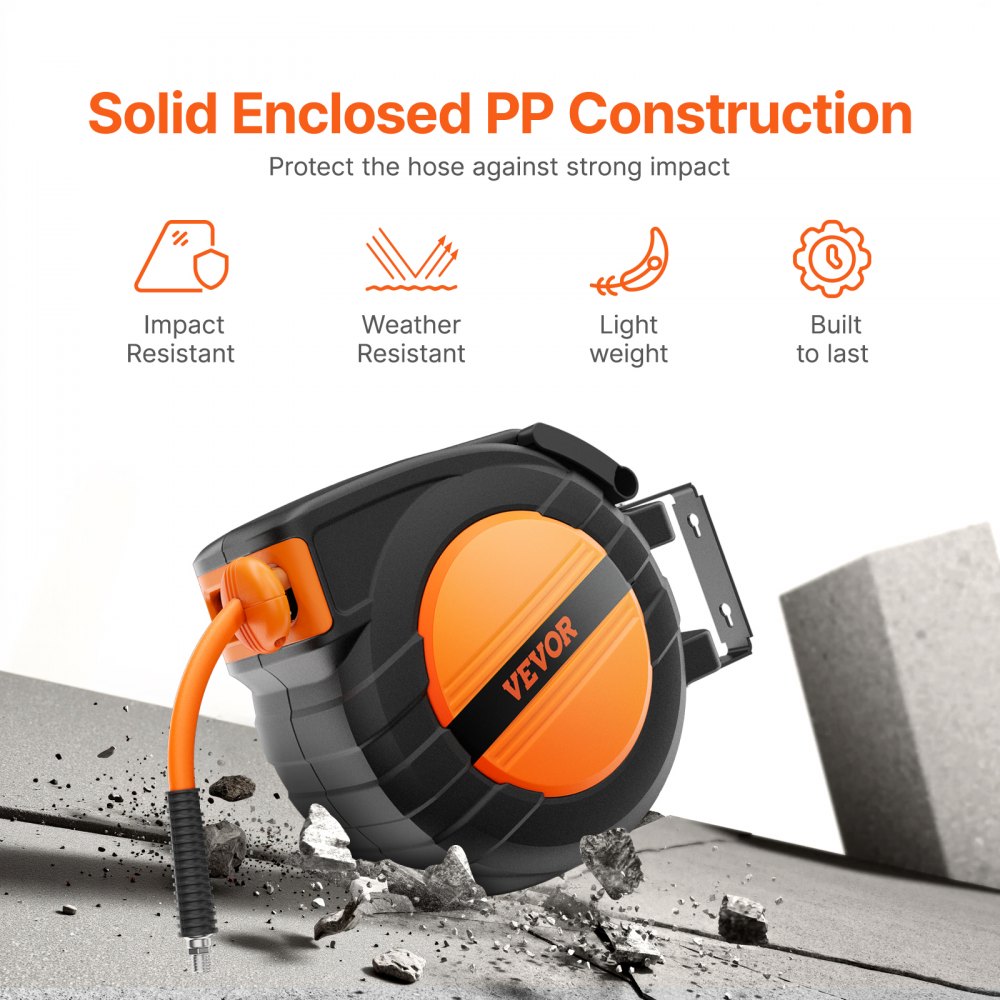 VEVOR Luchtslanghaspel, 9,52 mm x 15,24 m Luchtslang, Max. 300 PSI, Slanghaspel met Automatische Oprolfunctie, Plafond-/Muurmontage, Gesloten PP Haspel & 180° Draaibare Beugel