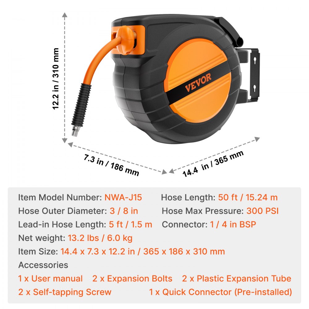 VEVOR Luchtslanghaspel, 9,52 mm x 15,24 m Luchtslang, Max. 300 PSI, Slanghaspel met Automatische Oprolfunctie, Plafond-/Muurmontage, Gesloten PP Haspel & 180° Draaibare Beugel