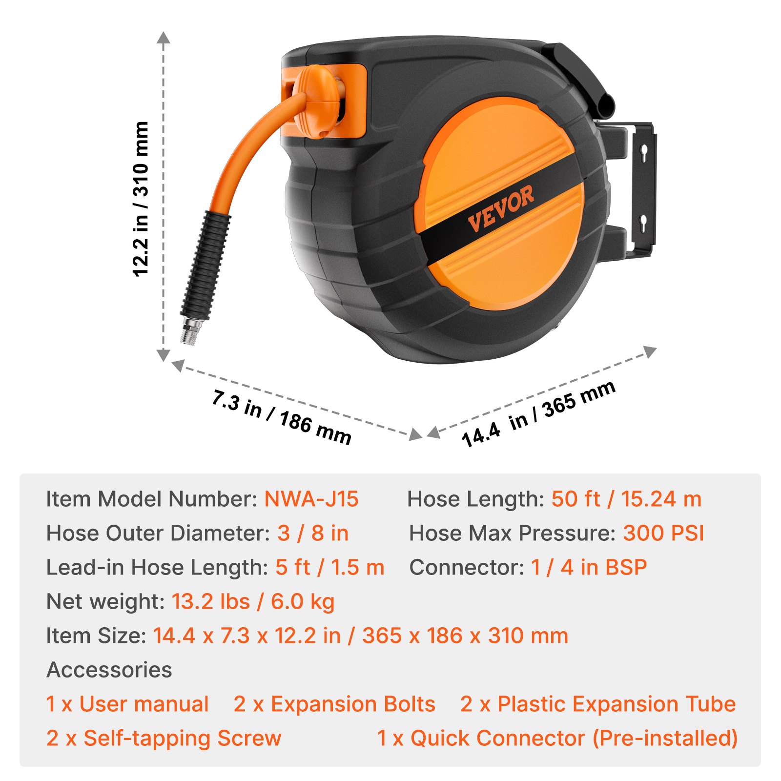 VEVOR Luchtslanghaspel, 9,52 mm x 15,24 m Luchtslang, Max. 300 PSI, Slanghaspel met Automatische Oprolfunctie, Plafond-/Muurmontage, Gesloten PP Haspel & 180° Draaibare Beugel