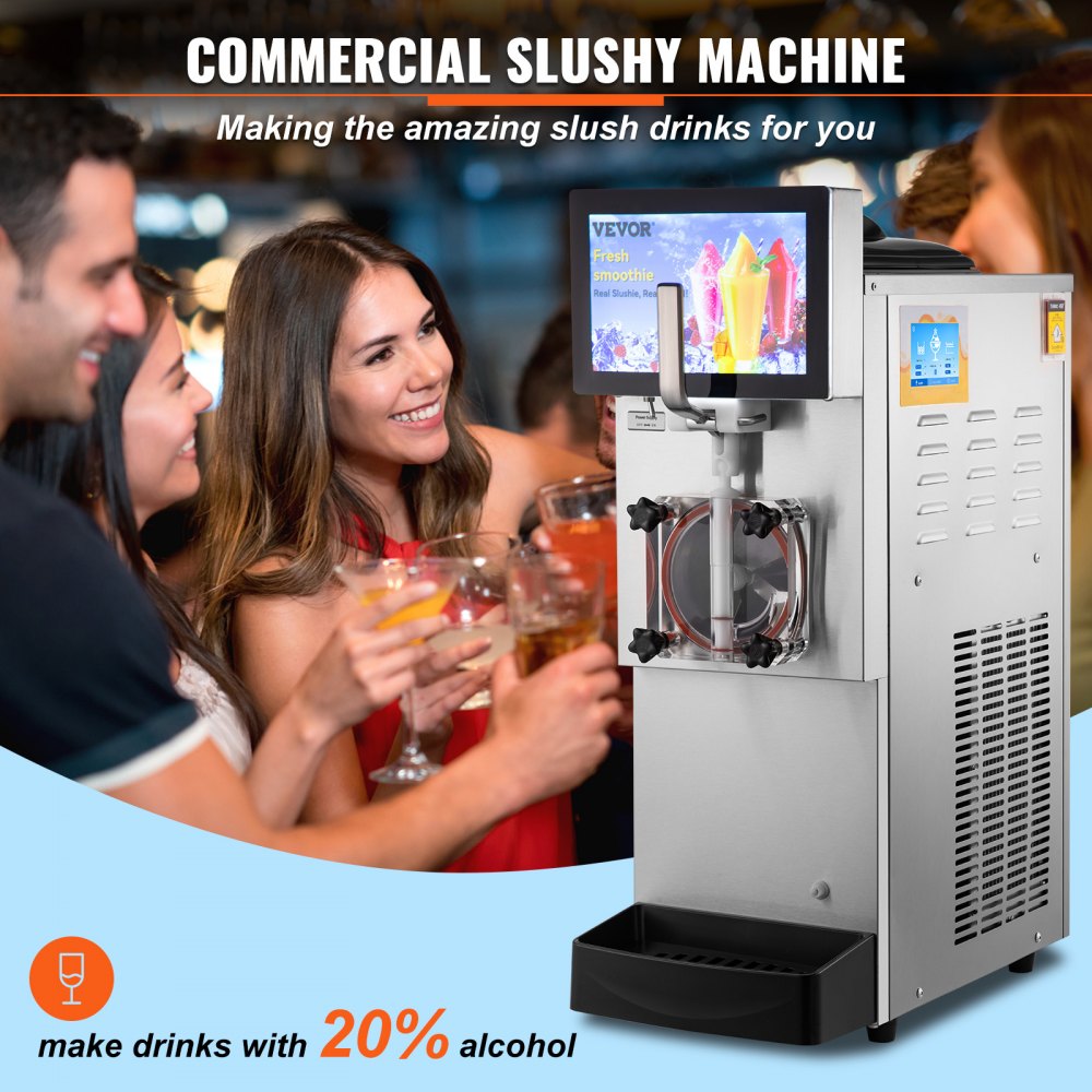 VEVOR 8L commerciële slush-ijsmachine, slushmachine met 17~23L/u slush-ijsmachine, 1200W slush-machine, 54kg slush-ijsmachine, roestvrijstalen slush-ijsmachine, 635×290×860mm