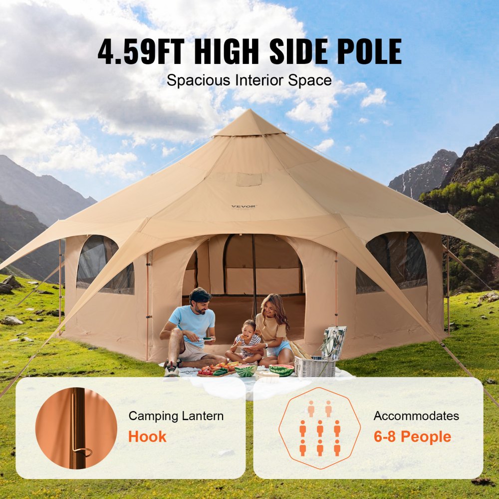 VEVOR Bell Tent 5 x 2,8 m Yurt Tent TC Katoen en stevige ijzeren palen met een Oxford stoffen grondzeil Kampeertent Familietent 8 ramen Groepstent voor buitenavonturen
