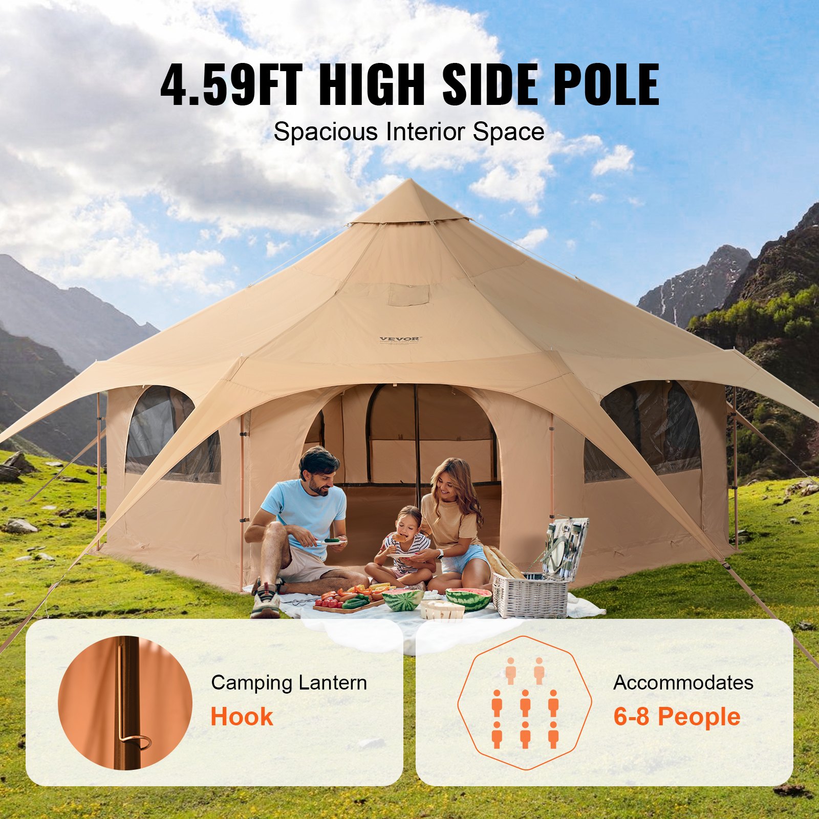 VEVOR Bell Tent 5 x 2,8 m Yurt Tent TC Katoen en stevige ijzeren palen met een Oxford stoffen grondzeil Kampeertent Familietent 8 ramen Groepstent voor buitenavonturen