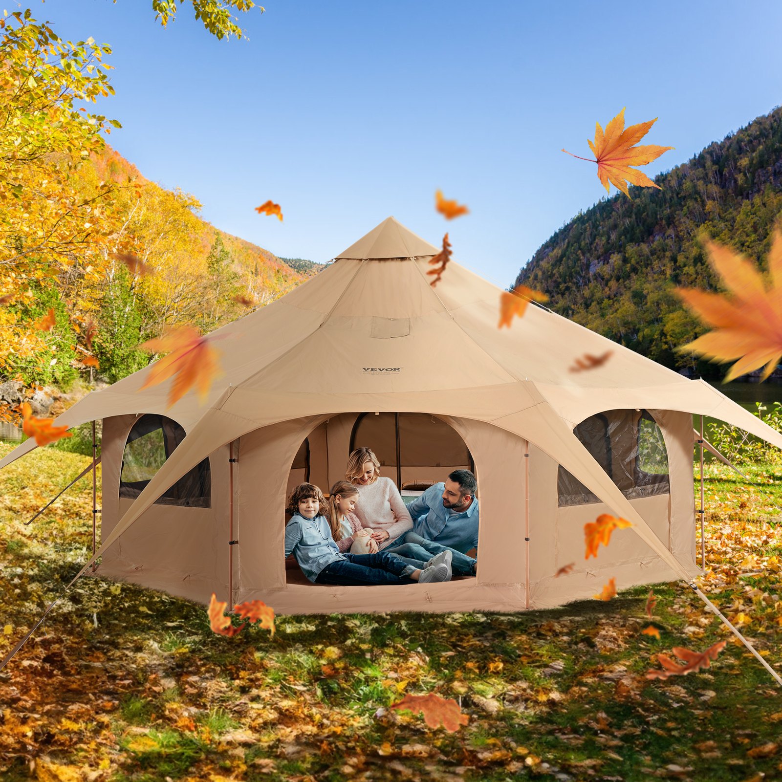 VEVOR Bell Tent 5 x 2,8 m Yurt Tent TC Katoen en stevige ijzeren palen met een Oxford stoffen grondzeil Kampeertent Familietent 8 ramen Groepstent voor buitenavonturen