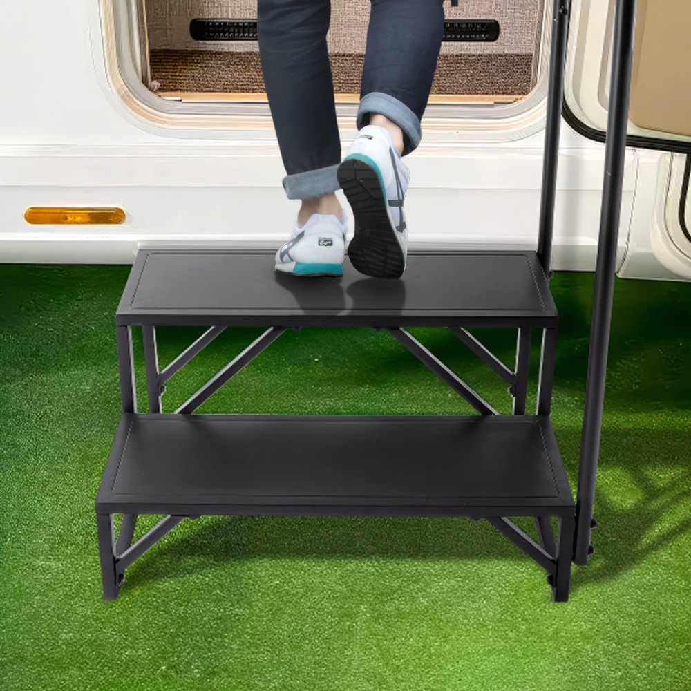 VEVOR RV-trappen, 2-treeds RV-trap, draagvermogen 200 kg, verdikt koolstofstaal, met leuning, antisliptreden voor veilige in- en uitstap, geschikt voor campers en aanhangers