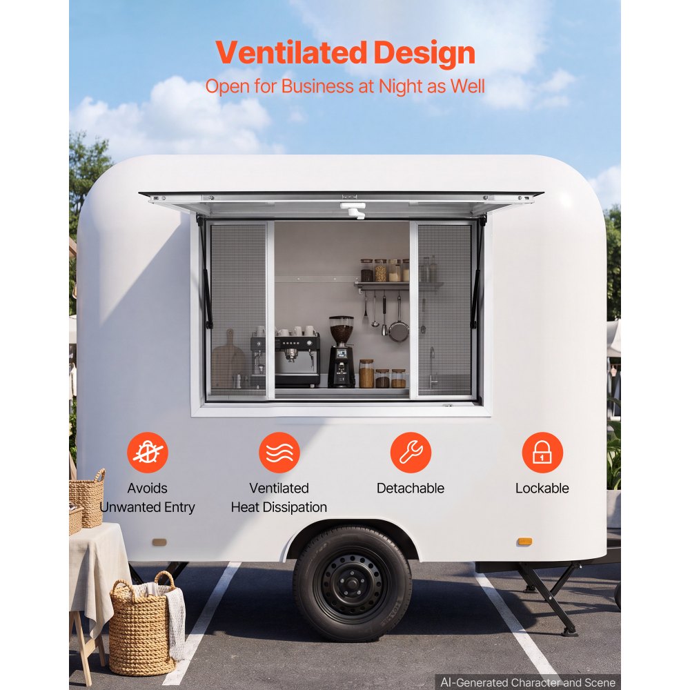 VEVOR verkoopraam voor foodtrucks 1143 x 762 mm, gemaakt van aluminiumlegering, verkoopraam voor kraampjes, opent tot 85°, met 4 horren, verkoopklep, trekhaak en regenhoes.