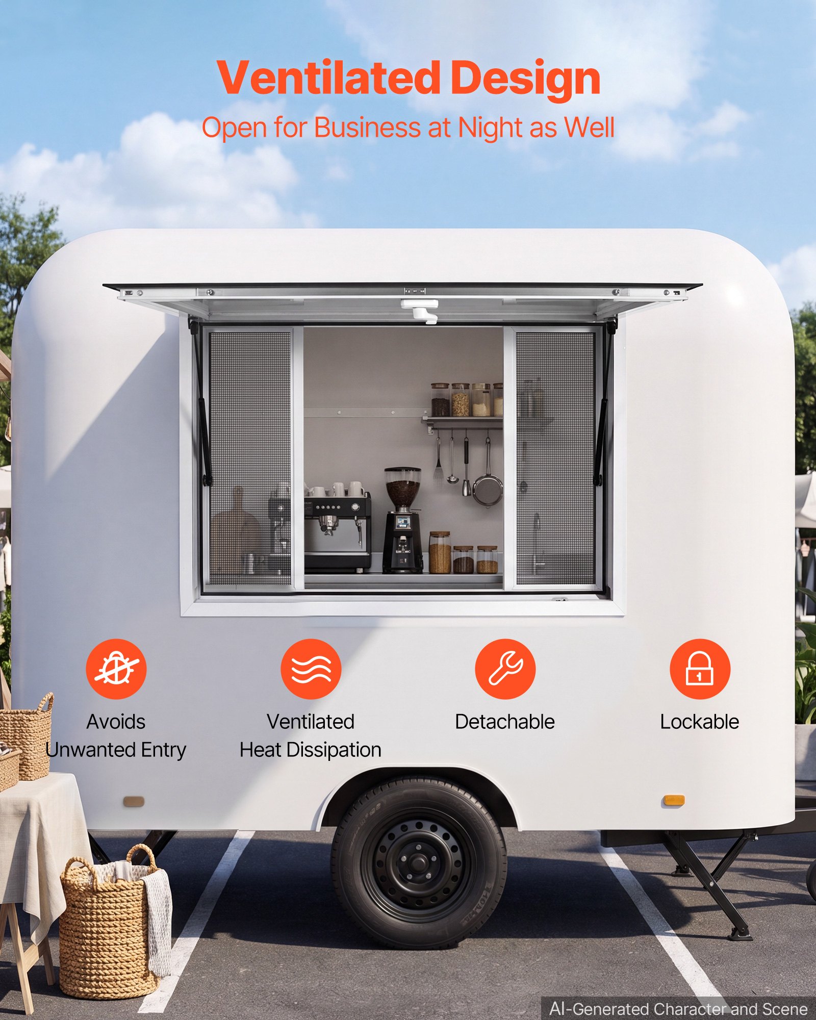 VEVOR verkoopraam voor foodtrucks 1143 x 762 mm, gemaakt van aluminiumlegering, verkoopraam voor kraampjes, opent tot 85°, met 4 horren, verkoopklep, trekhaak en regenhoes.