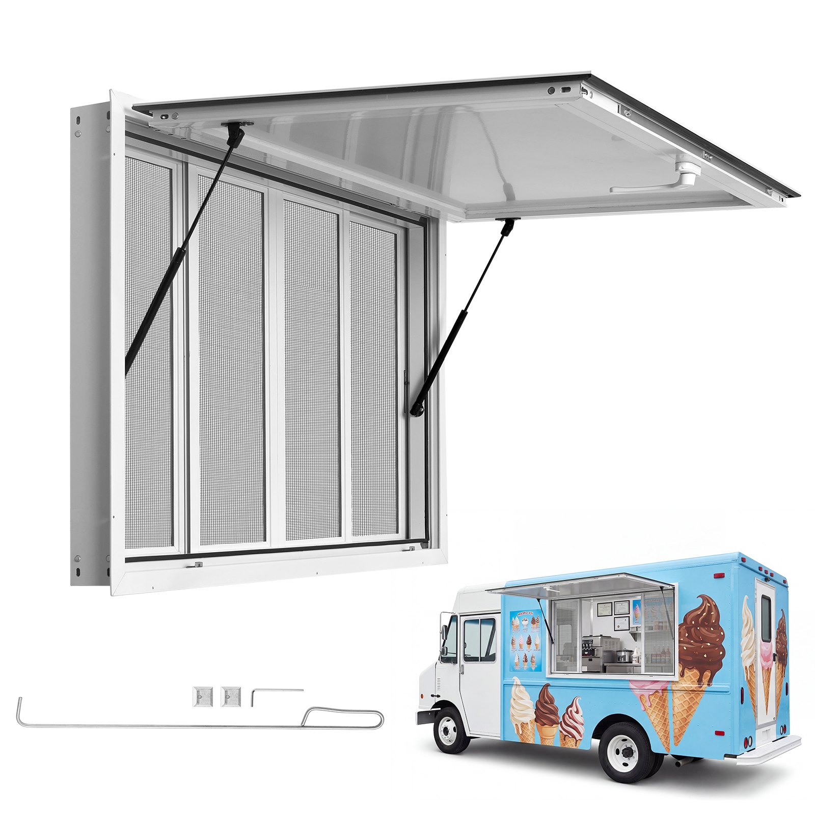 VEVOR verkoopraam voor foodtrucks 1143 x 762 mm, gemaakt van aluminiumlegering, verkoopraam voor kraampjes, opent tot 85°, met 4 horren, verkoopklep, trekhaak en regenhoes.