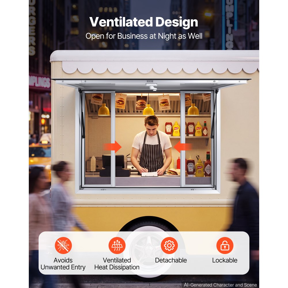 VEVOR Verkoopraam voor Foodtrucks 1220 x 915 mm Verkoopraam geschikt voor foodtrucks, opent tot 85°, 4 verwijderbare schuiframen met roosters, verkoopluik, bescherming tegen zon en regen