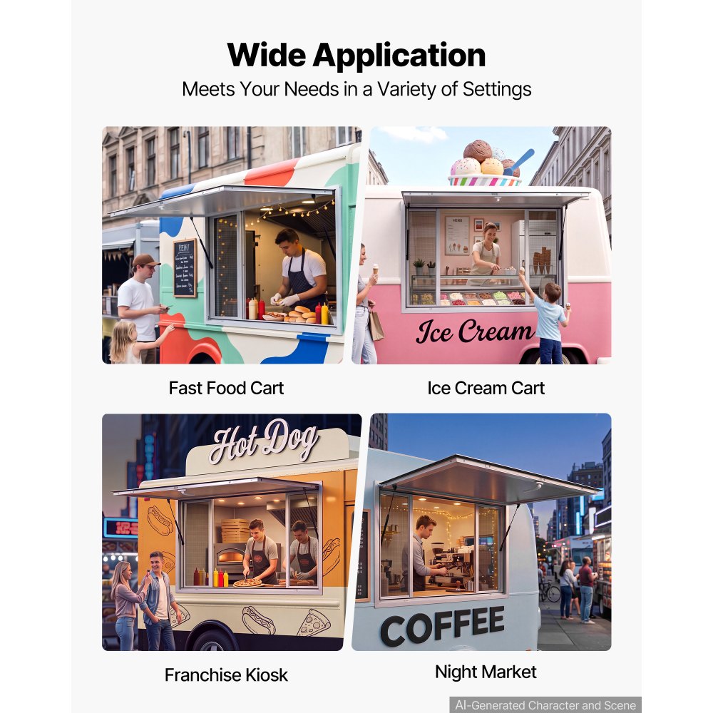 VEVOR Verkoopraam voor Foodtrucks 1220 x 915 mm Verkoopraam geschikt voor foodtrucks, opent tot 85°, 4 verwijderbare schuiframen met roosters, verkoopluik, bescherming tegen zon en regen