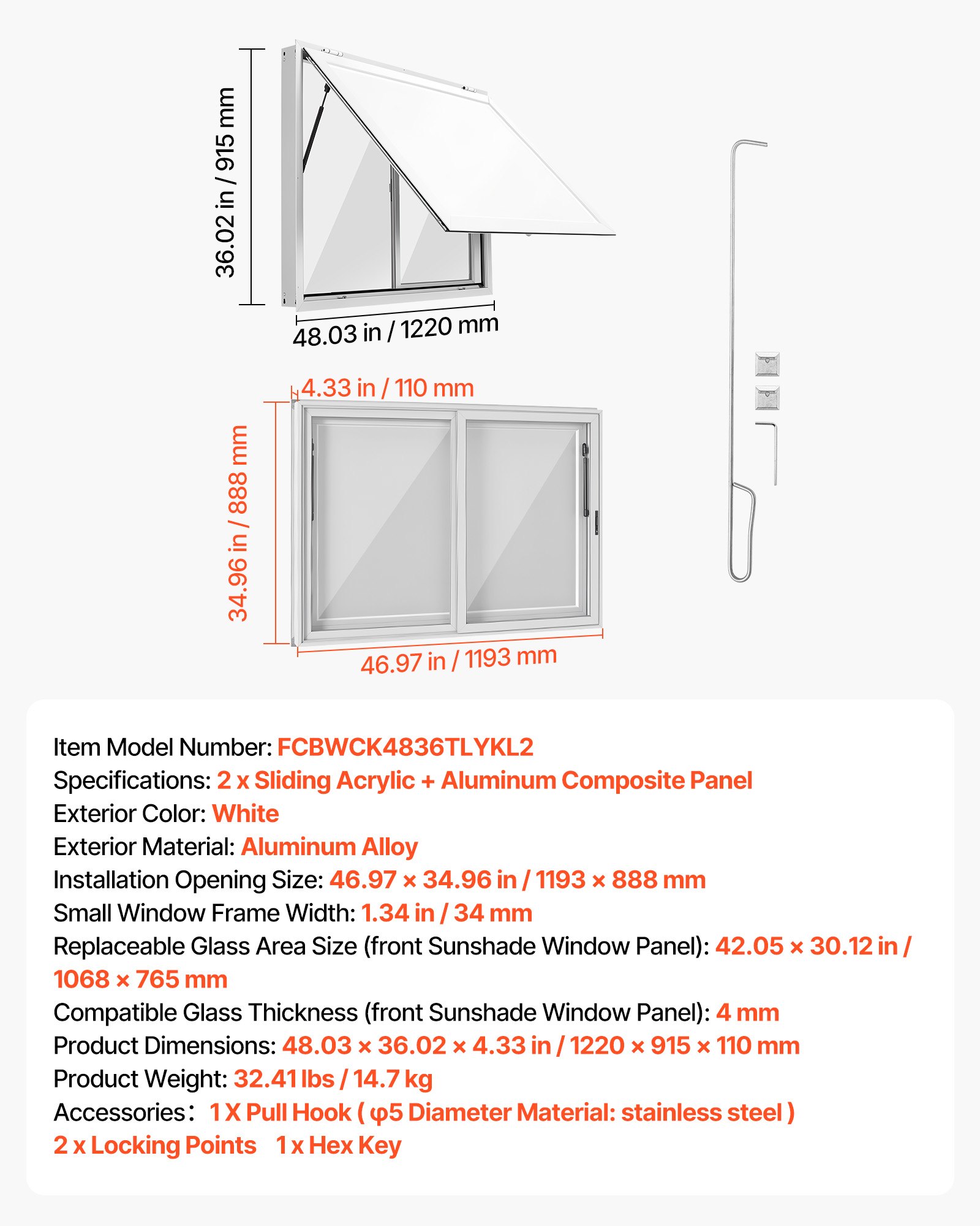 VEVOR Food Truck Verkoopraam 1220 x 915 mm, gemaakt van aluminiumlegering, verkoopraam voor foodtrucks, opent tot 85°, 2 acryl schuiframen, verkoopklep, trekhaak, regenhoes