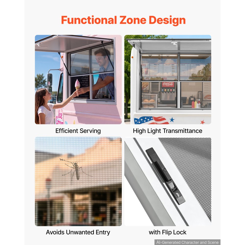 VEVOR Concession Window 48x36 in Aluminum Alloy Service Window, for Food Truck, Up to 85 Degrees Stand Serving with 2 Fixed & 2 Sliding Windows, Awning Door and Drag Hook, Rainwater Resistant